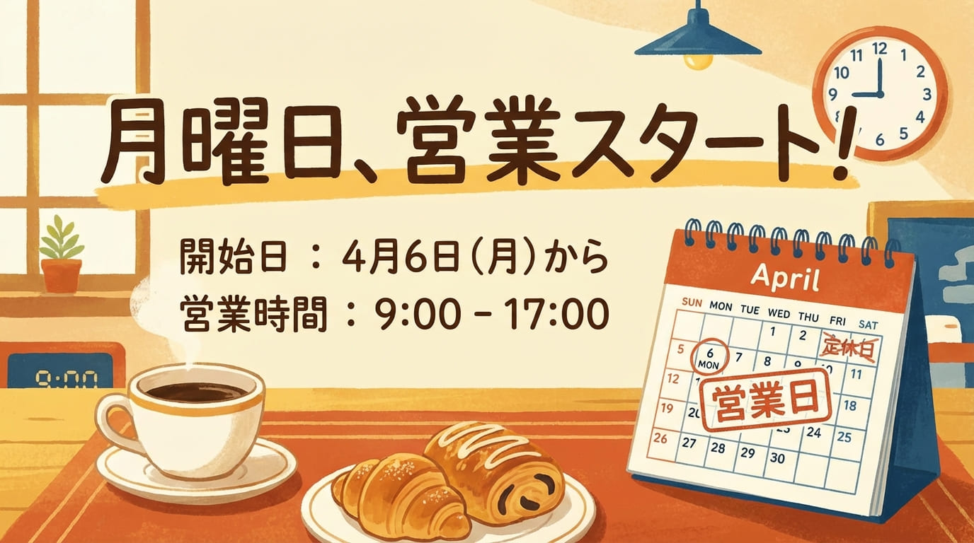 【お知らせ】4月6日（月）より、月曜日も営業いたします！