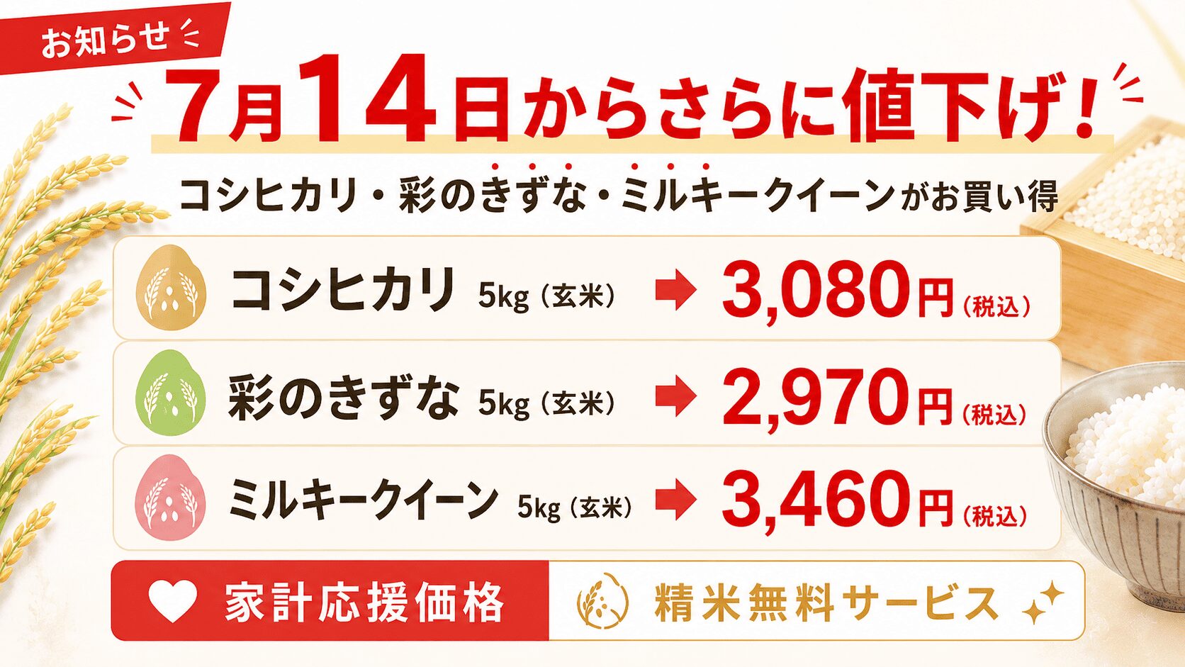 【7月14日から】コシヒカリ・彩のきずな・ミルキークイーンをさらに値下げします！